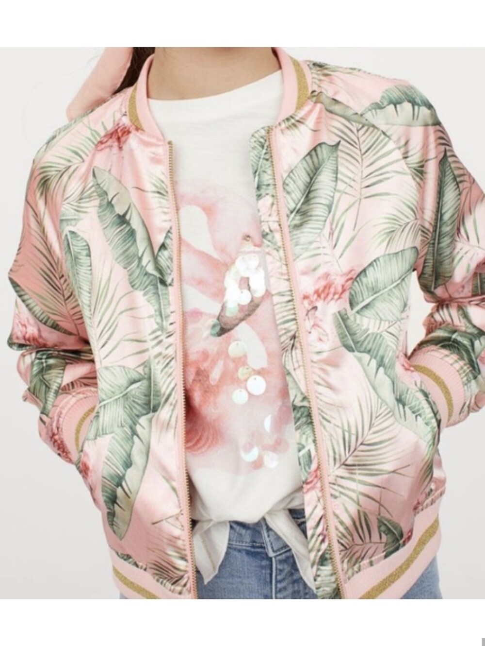 H&M x K.KIJAK Pink satin Bomber Girls 10/11 Flamingo Palm Leaf Tropical Jacket M